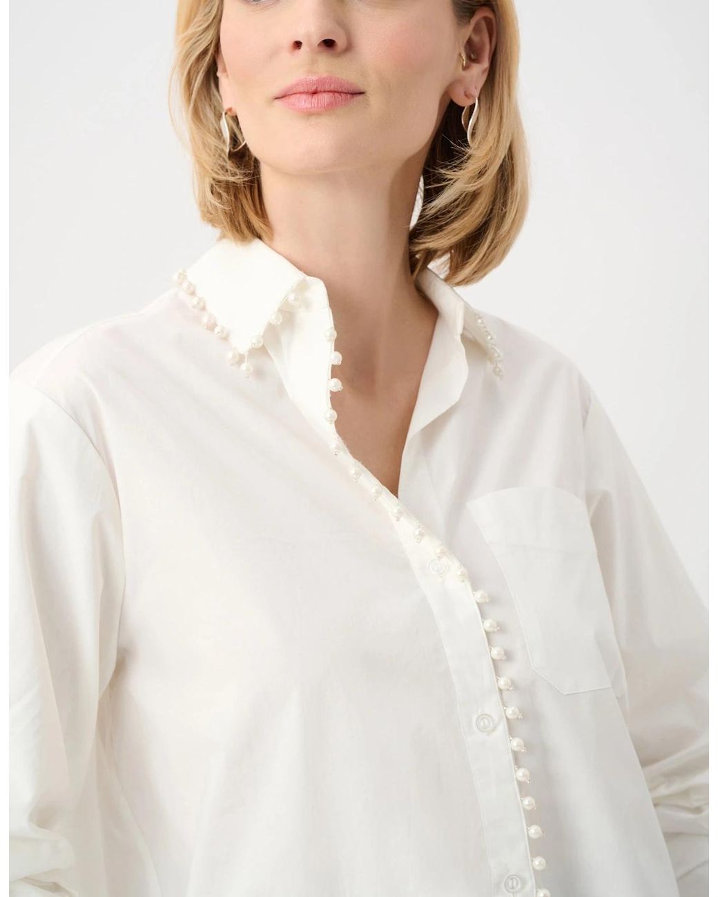 Joseph Ribkoff White Cotton Poplin Pearl Trim Boxy Blouse