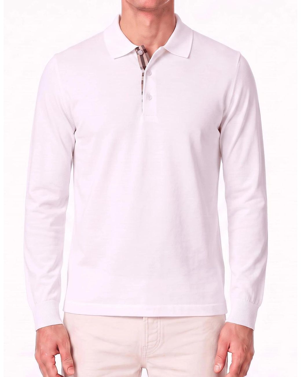 Burberry White 'Hartford' Long Sleeved Check Placket Polo-Shirt for men