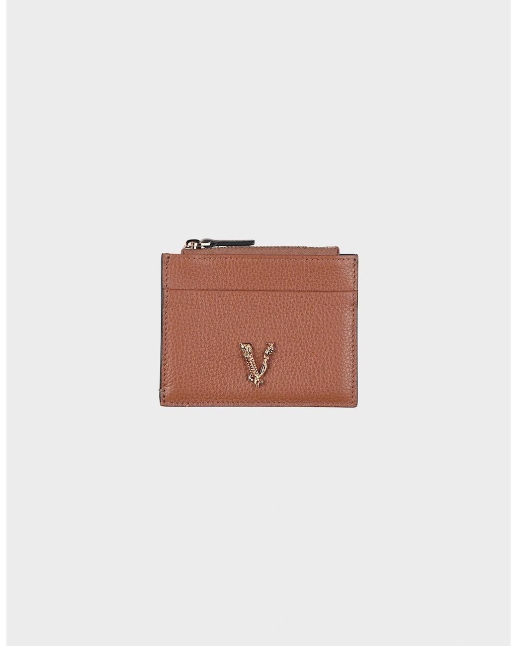 Versace Brown Virtus Logo Zip Cardholder Leather