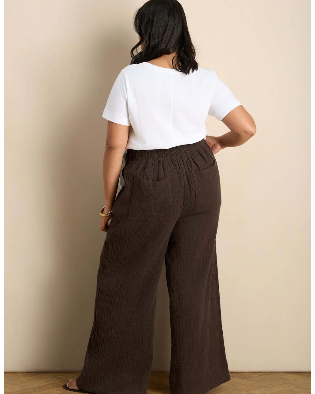 Live Unlimited London Brown Chocolate Cheesecloth Wide Leg Trouser