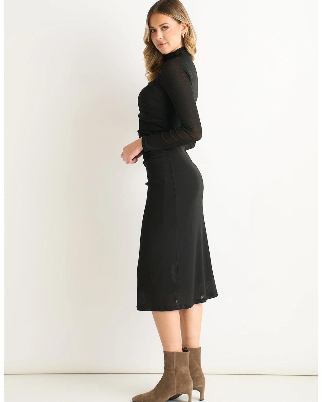 Gini London Black Ruched Jersey Long Sleeve Midi Dress