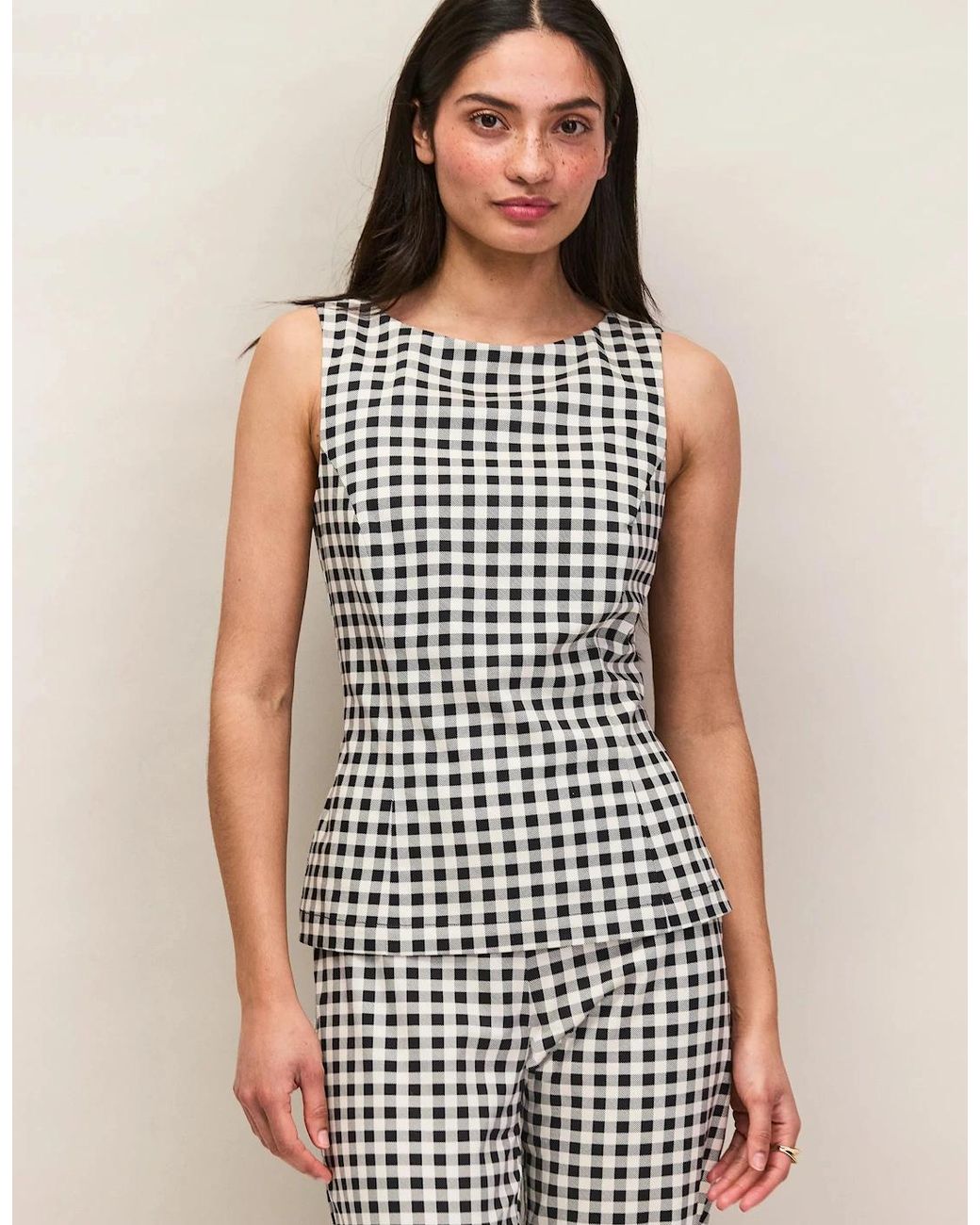 Ro&zo White And Ivory Gingham Cotton Peplum Top
