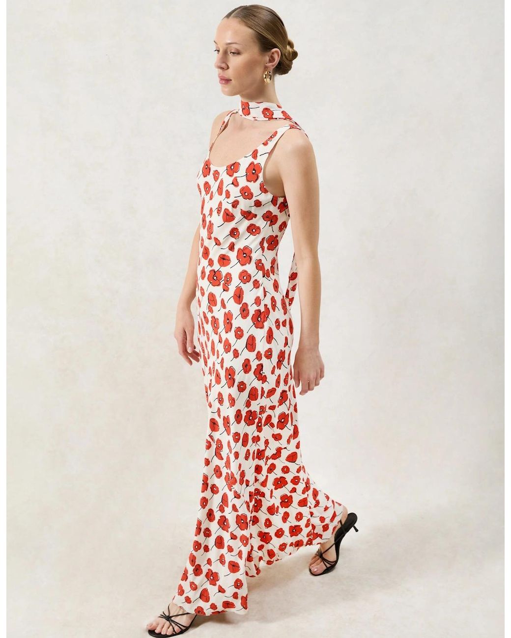 Ro&zo Red Ella Poppy-Print Scarf Detail Maxi Dress