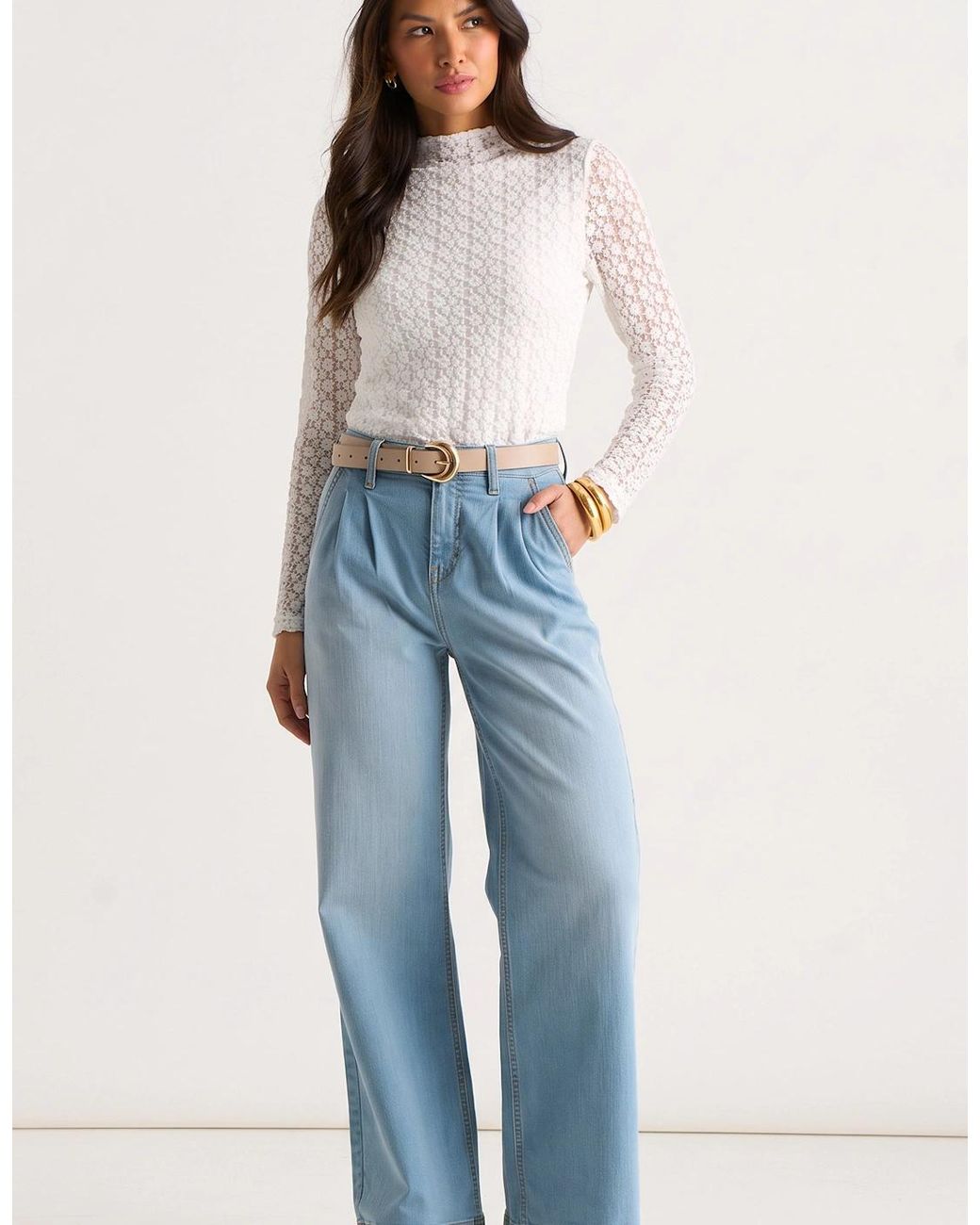 Gini London Blue Light Pleat Wide Leg Jean