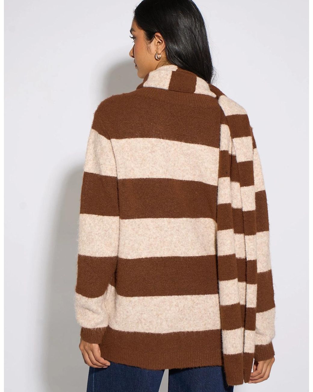 Gini London Brown Stripe V Neck Scarf Jumper