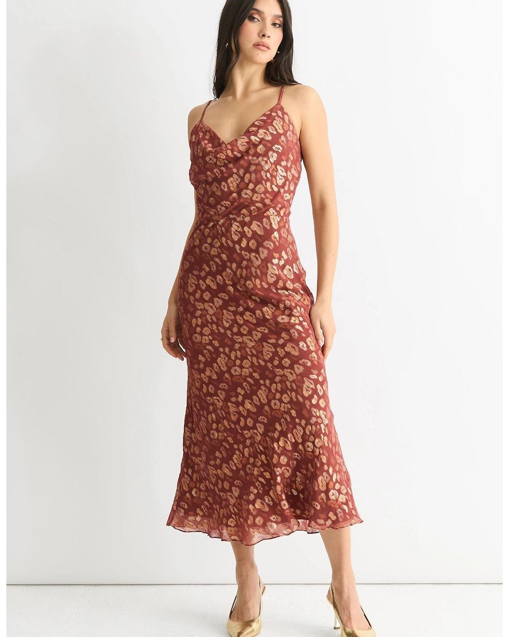 Gini London Red Viscose Animal Jacquard Cowl Midi Dress