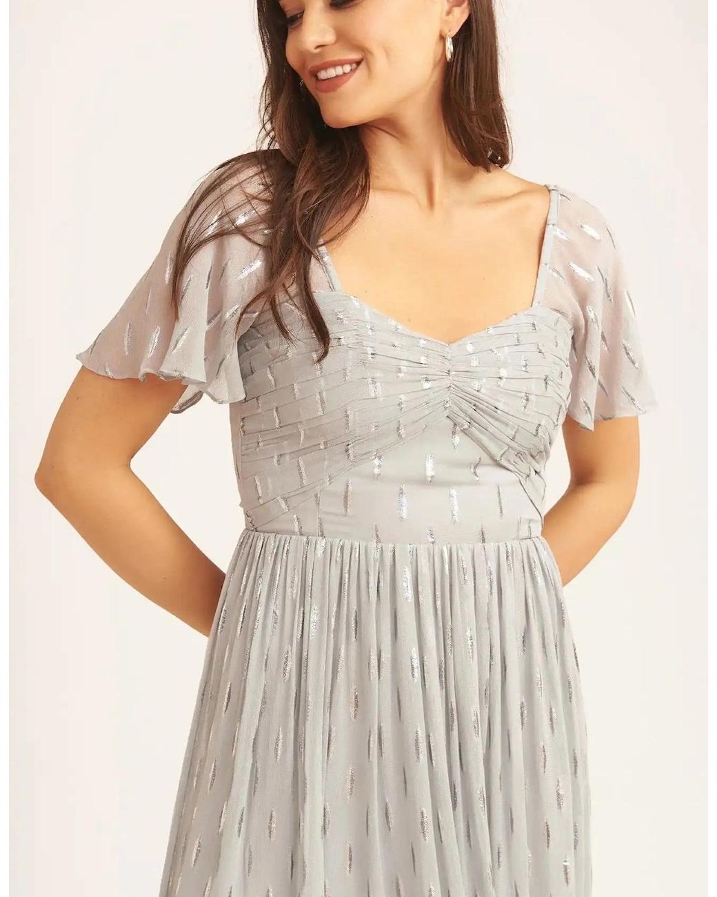Gini London Natural Jacquard Metallic Angel Sleeves Midi Dress