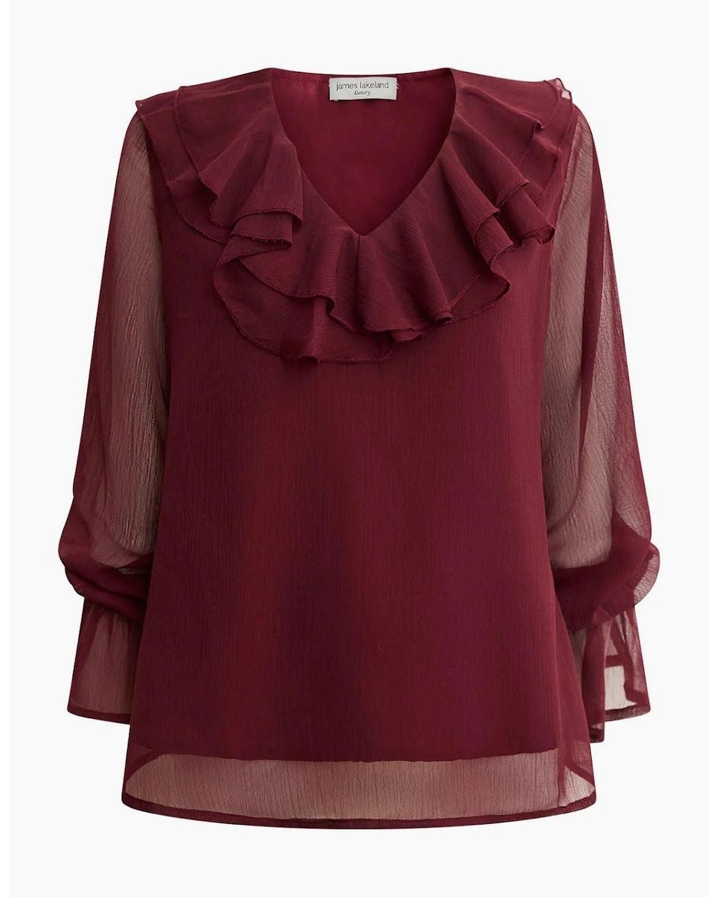 James Lakeland Red Burgundy Sheer-Sleeve Ruffle Blouse