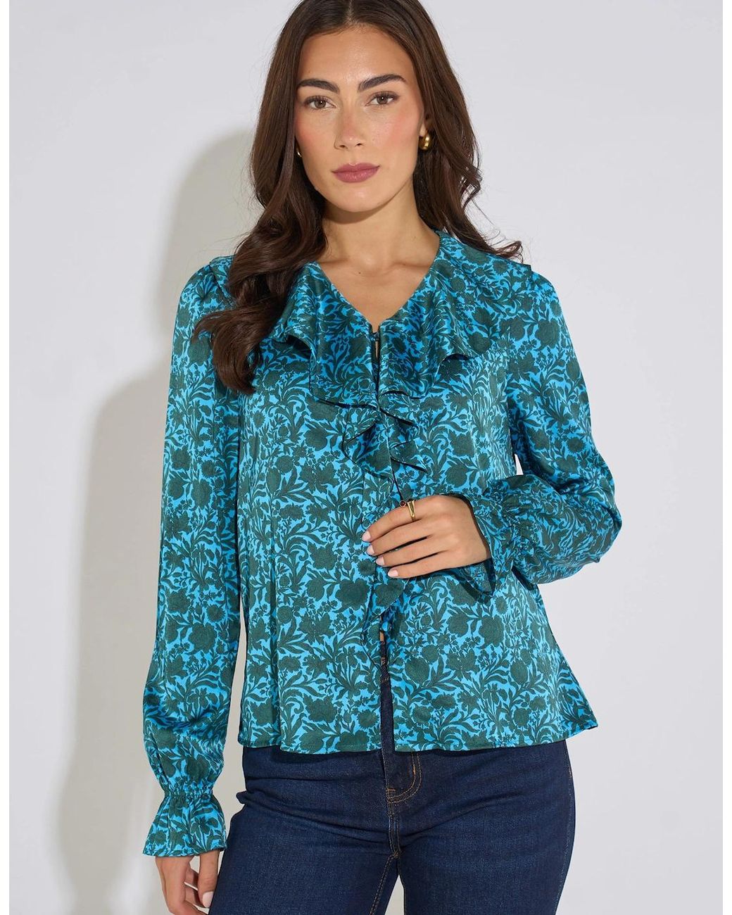 Gini London Blue Floral Print Ruffle Front Blouse