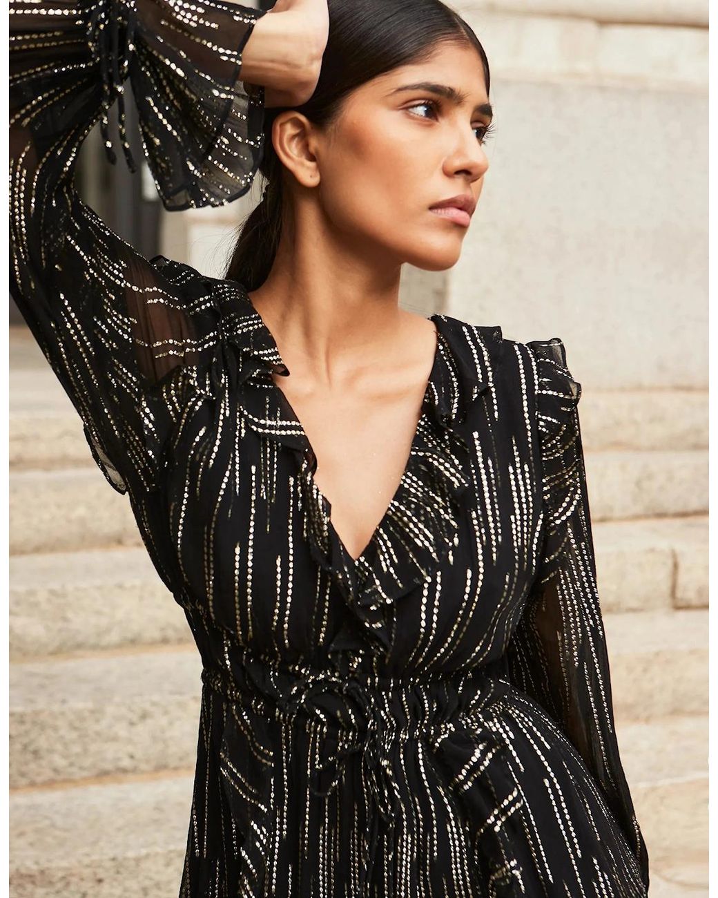 Ro&zo Black Petite Lydia Foil Tie-Waist Midaxi Dress