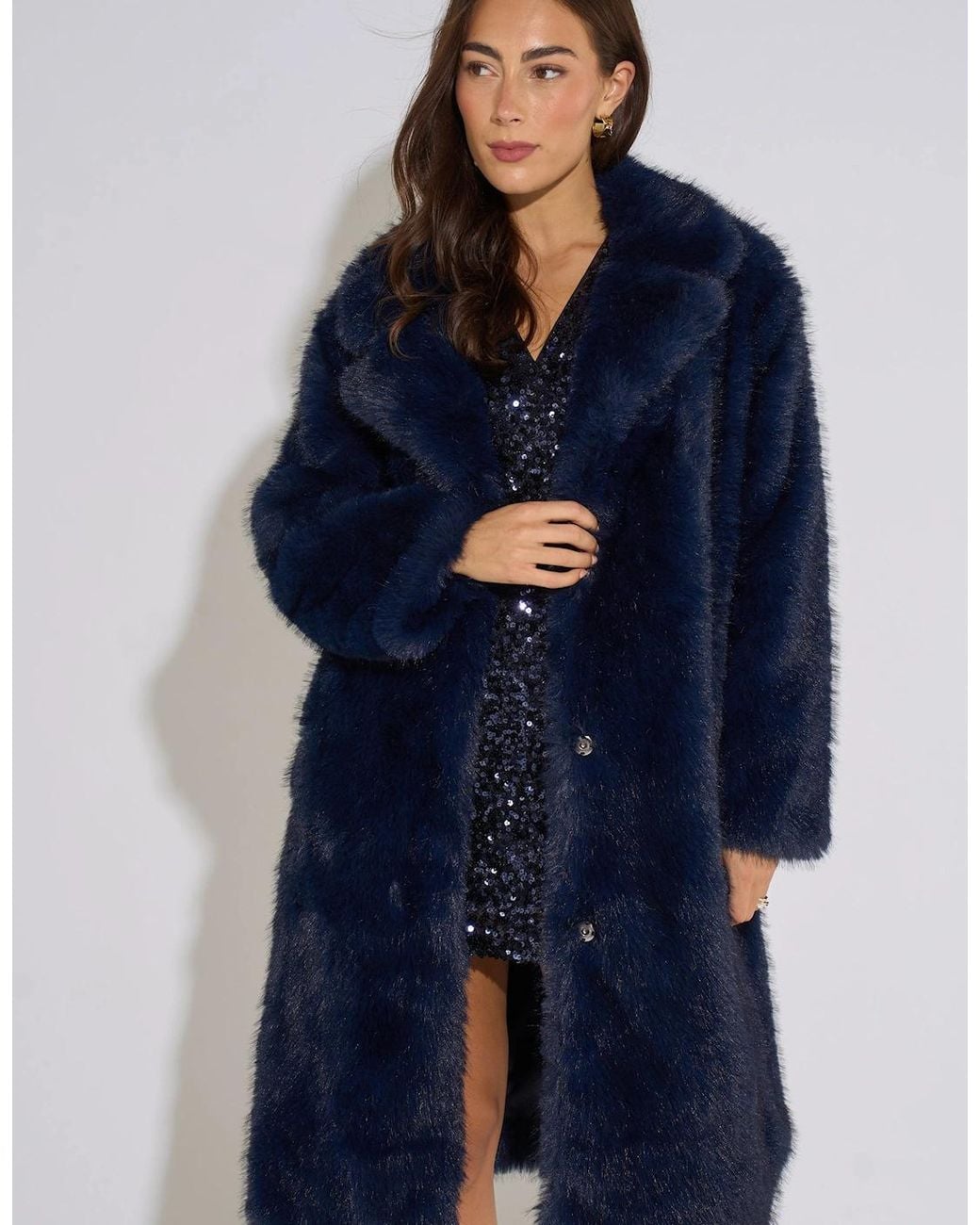 Gini London Blue Dark Panelled Faux Fur Longline Jacket
