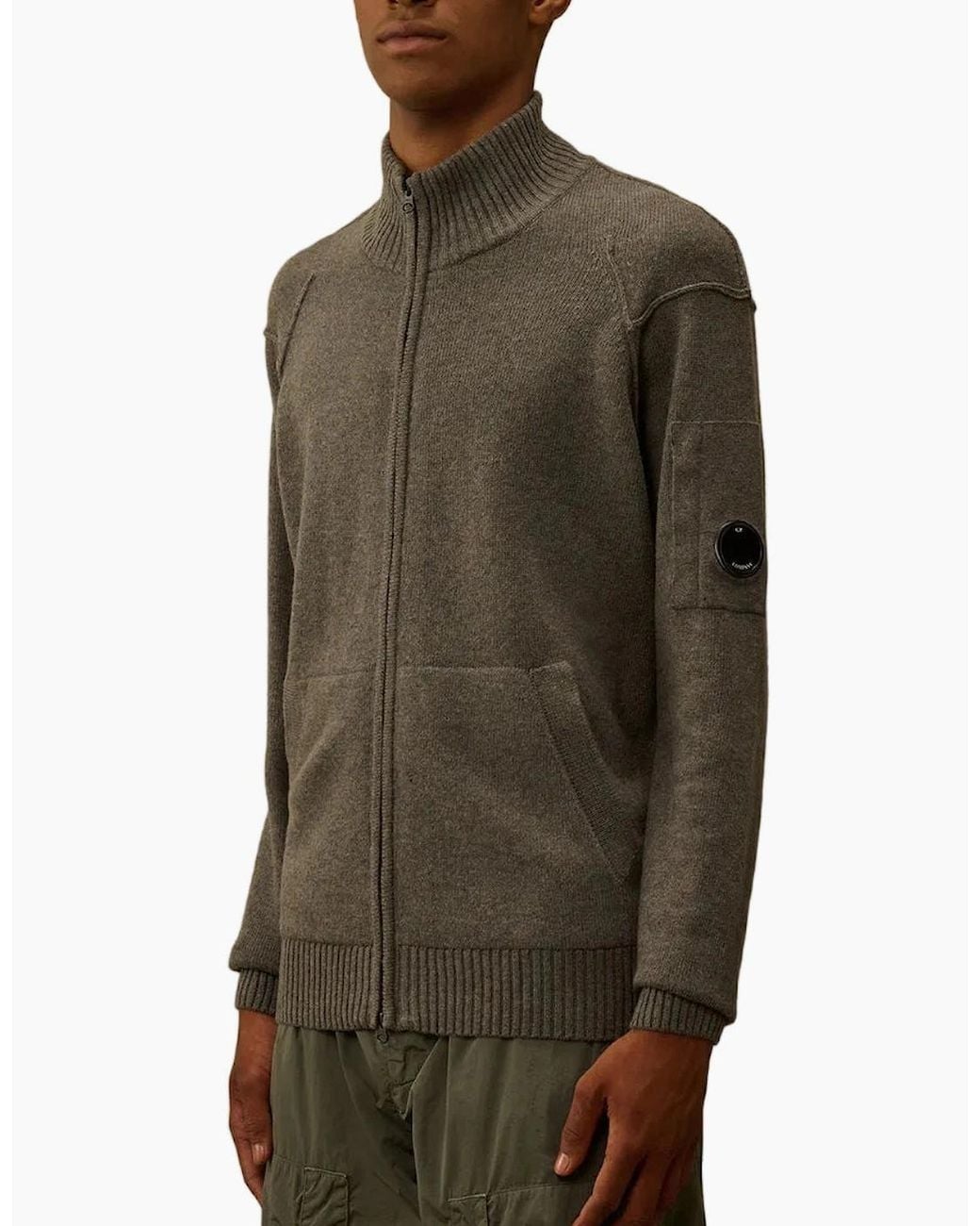 C P Company Green Lambswool Zip-Up Lens Cardigan for men