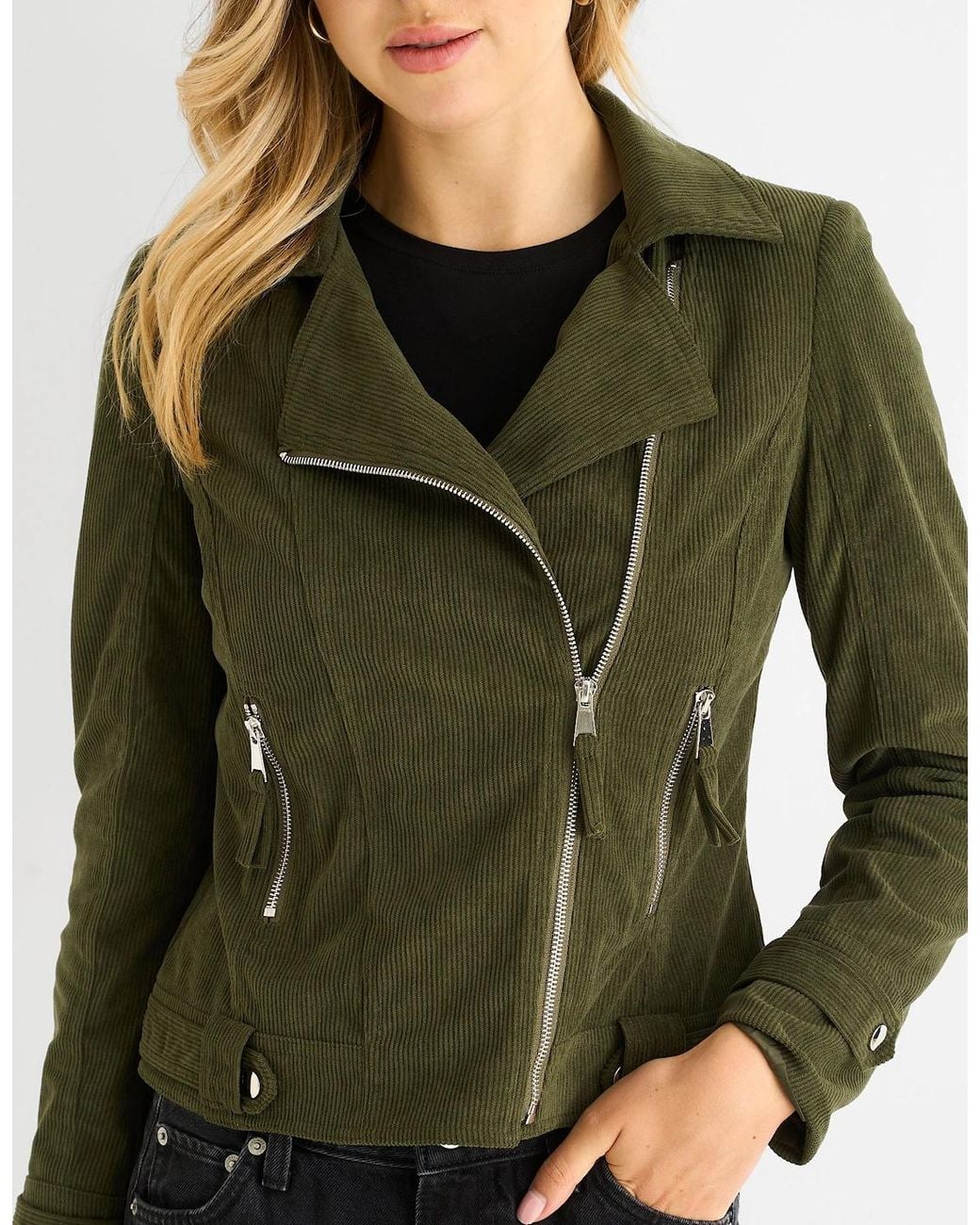 Gini London Black Khaki Corduroy Biker Zip Up Jacket