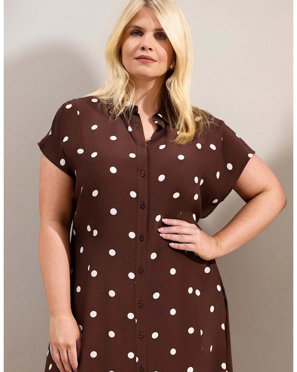 Live Unlimited London Brown Petite Chocolate Polka Dot Print Midaxi Shirt Dress