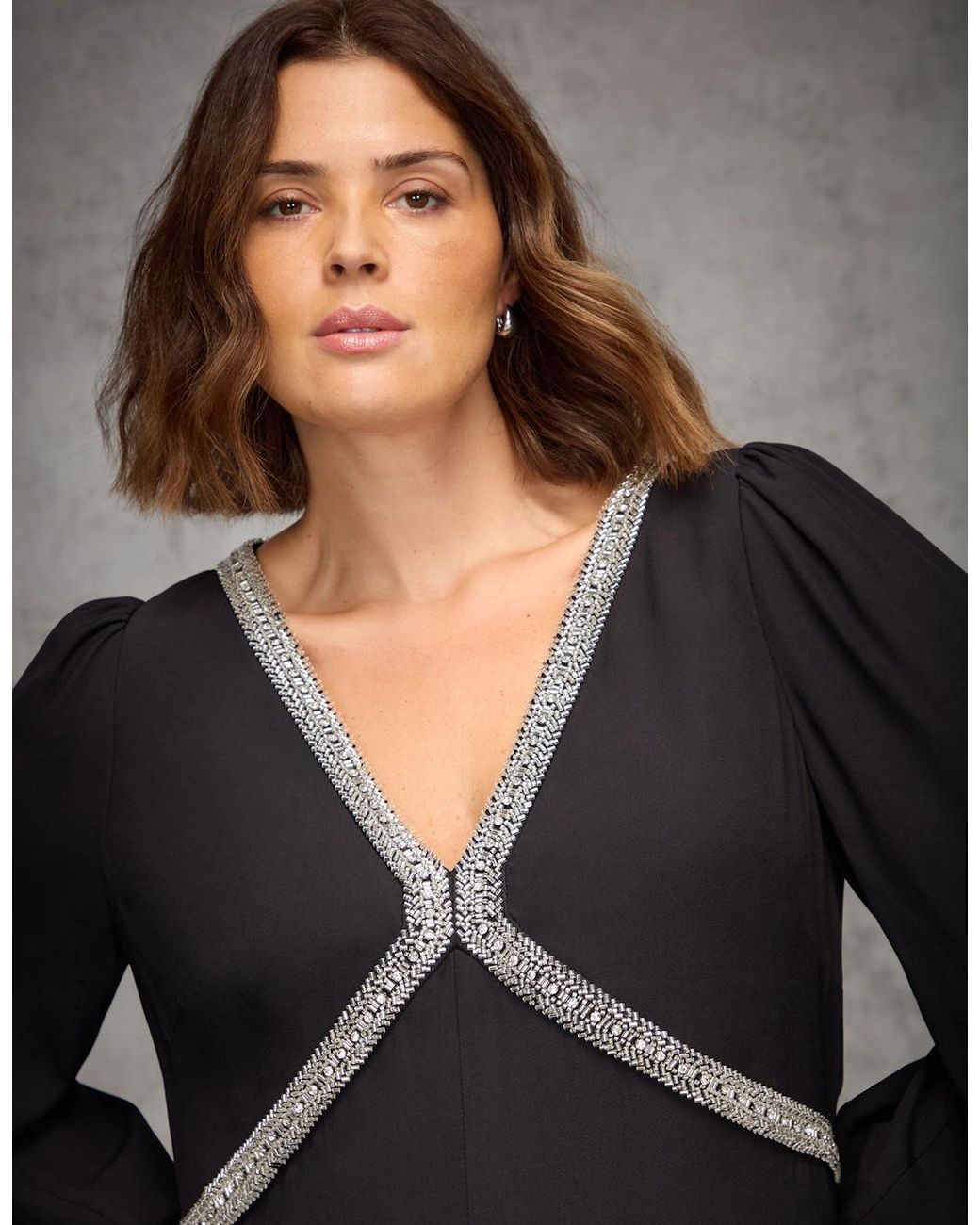 Live Unlimited London Gray Embellished Trim Midaxi Dress