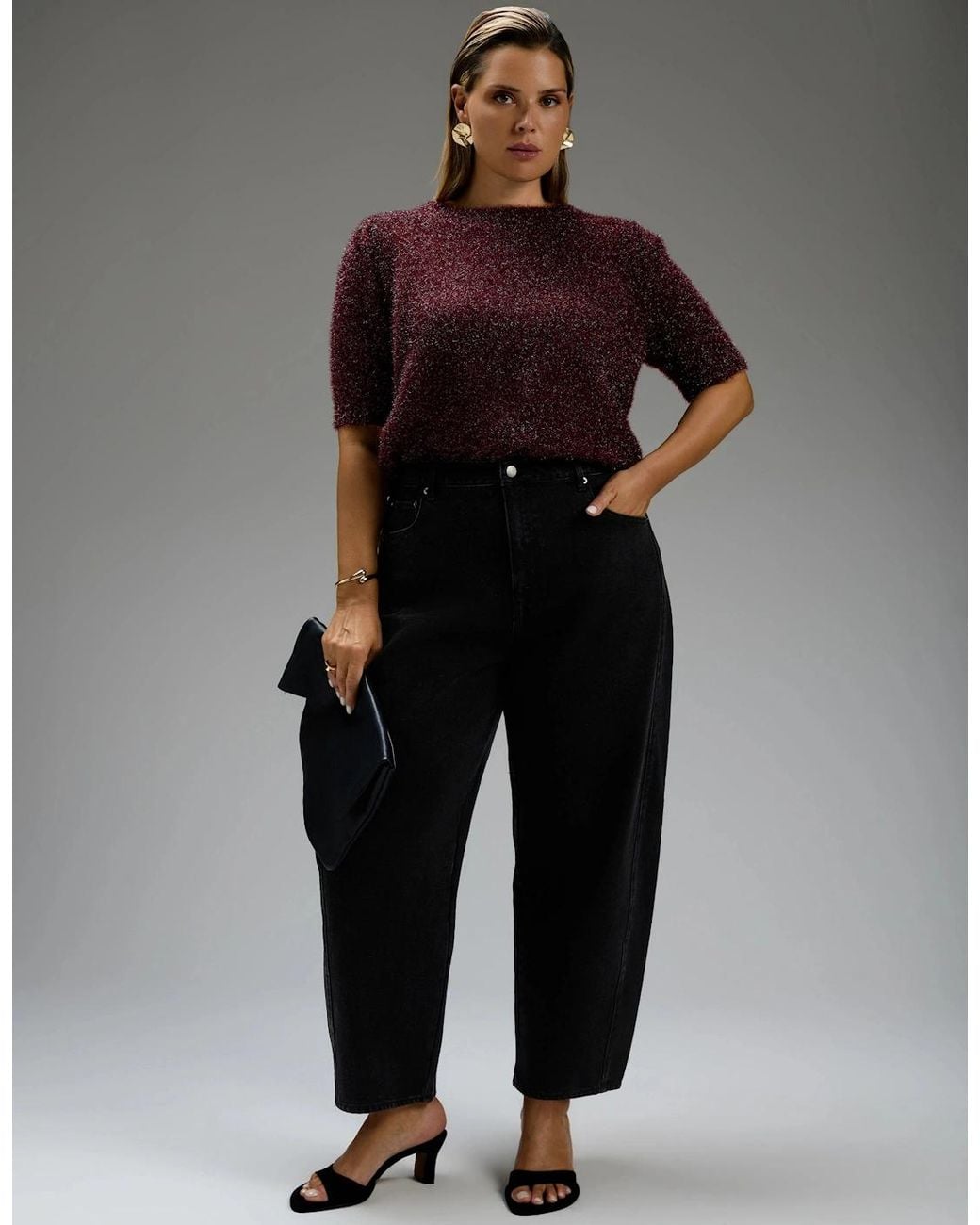 Live Unlimited London Brown Burgundy Sparkle Knitted Short Sleeve Jumper