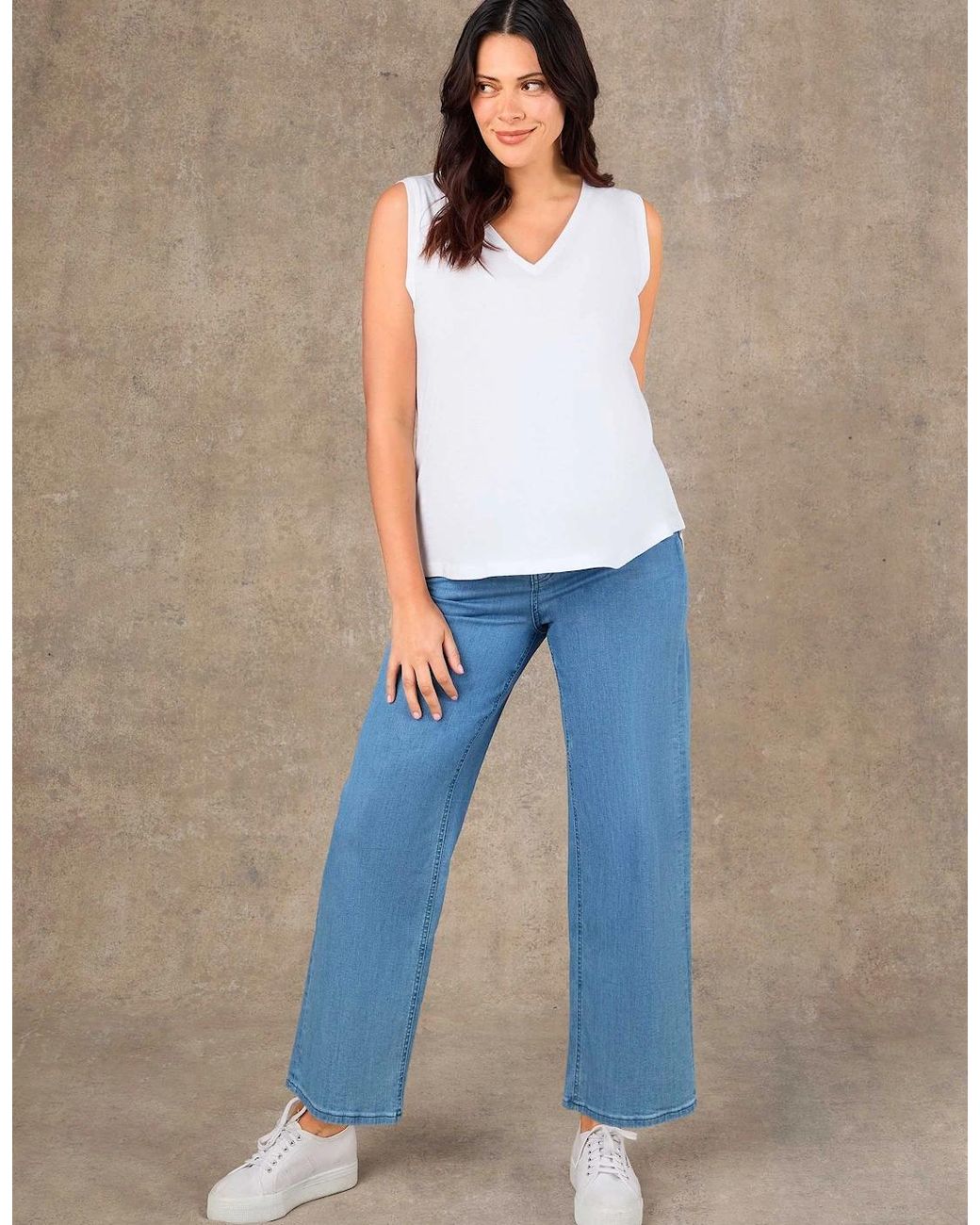 Live Unlimited London Blue Cotton Slub V Neck Vest With Curved Hem