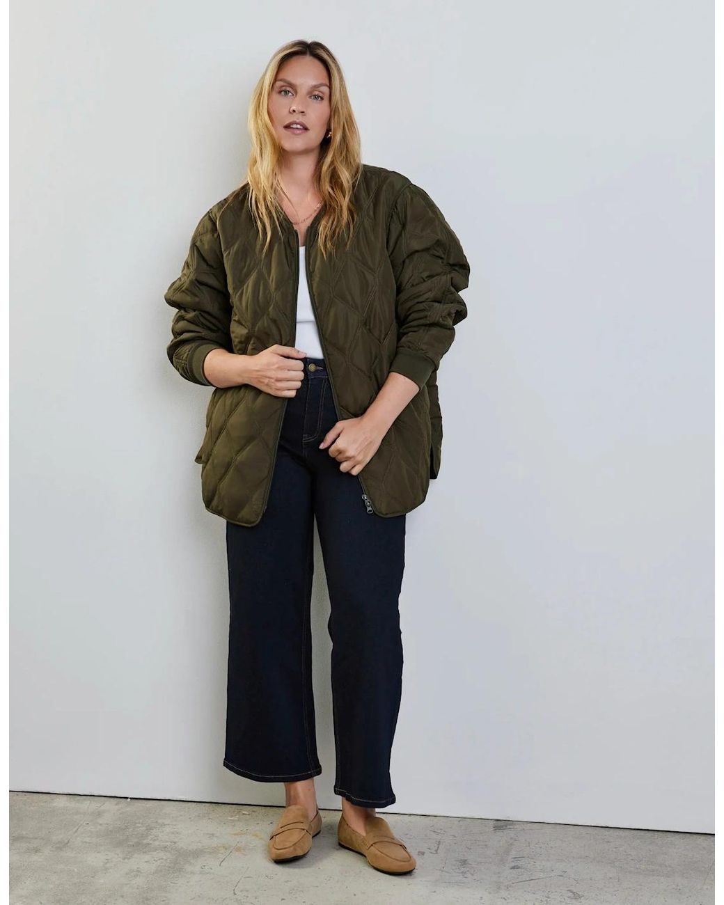 Live Unlimited London Green Khaki Quilted Bomber Jacket