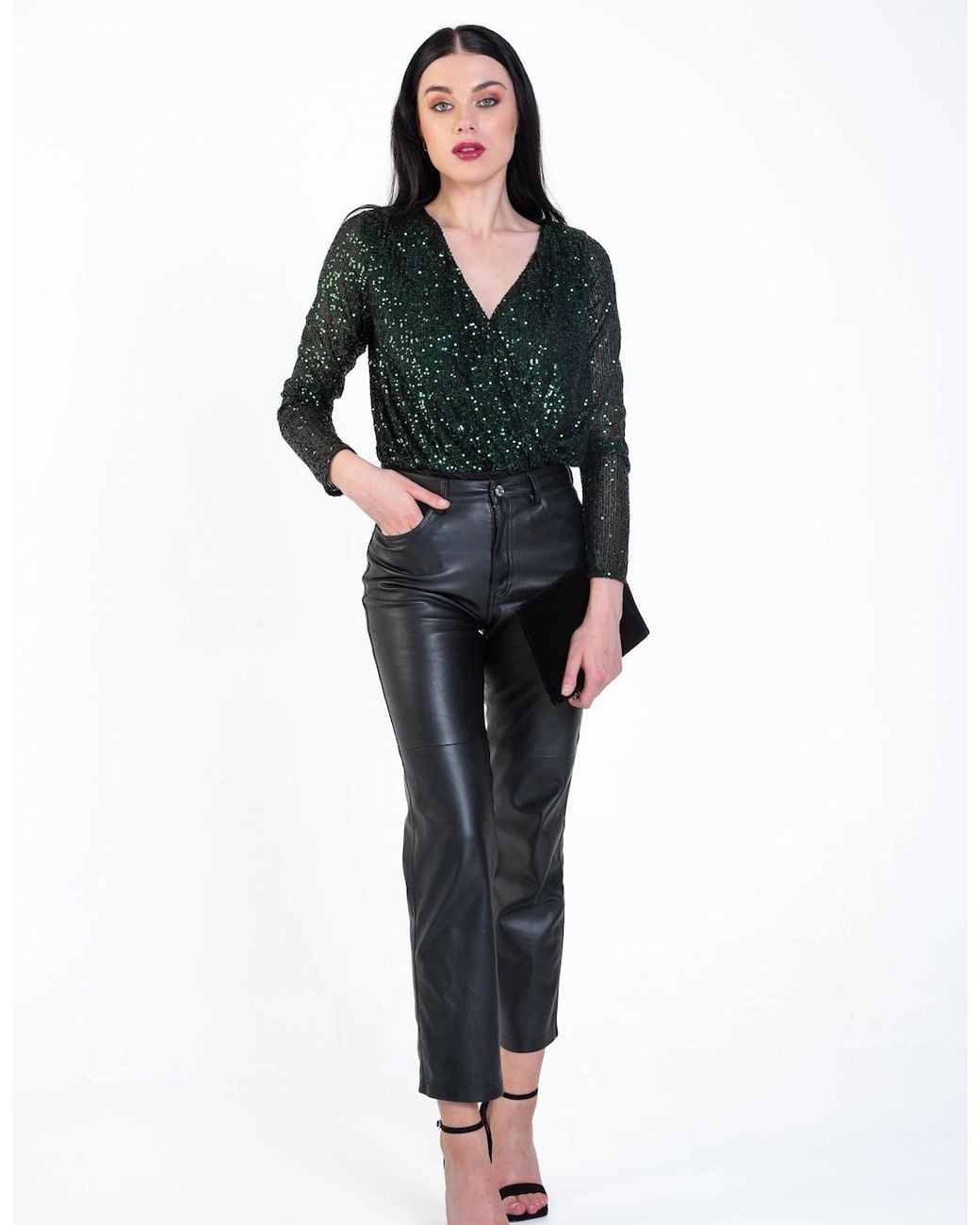 Gini London Black Sequin Wrap Long Sleeves Bodysuit