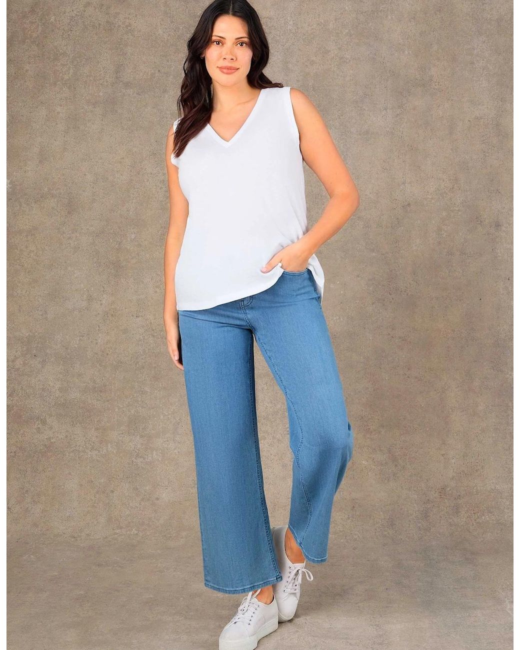 Live Unlimited London Blue Cotton Slub V Neck Vest With Curved Hem