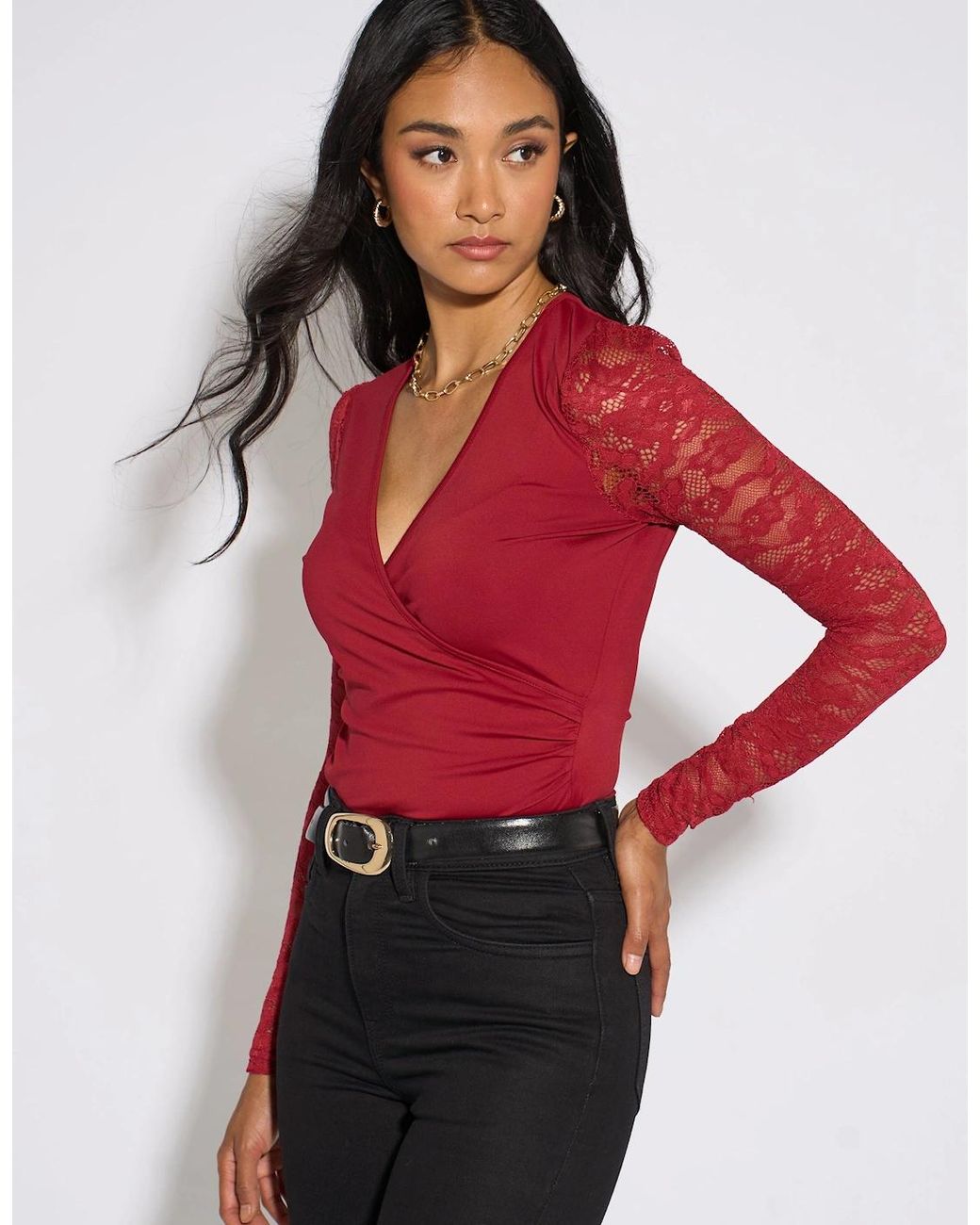 Gini London Red Lace Sleeves Jersey Wrap Front Top