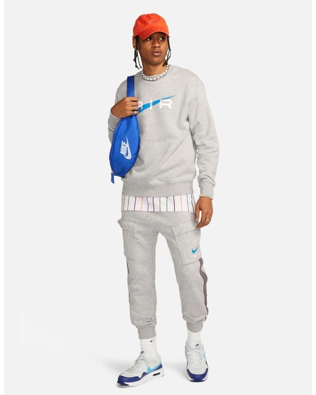 Nike Gray Sportswear Air Fleece Bb Crewneck Full Tracksuit Set