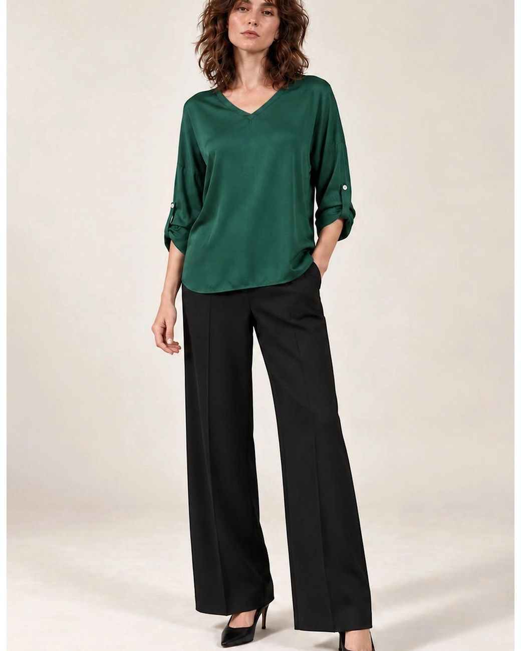 James Lakeland Green Satin V-Neck Blouse
