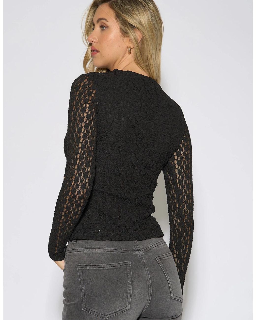 Gini London Black High Neck Jersey Lace Long Sleeve Top