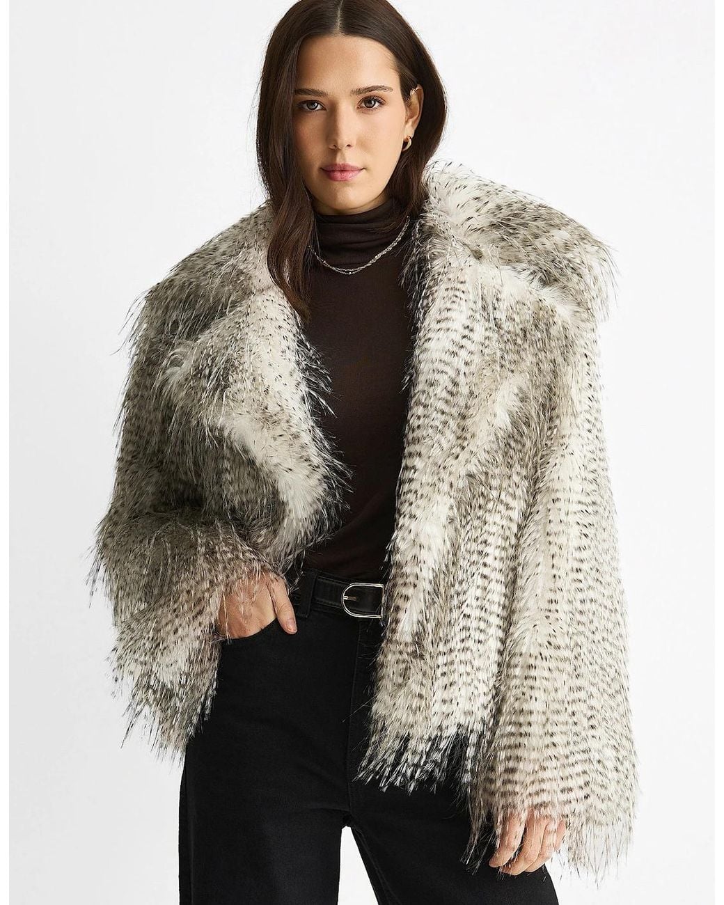Gini London Pink Snow Leopard Faux Fur Short Jacket