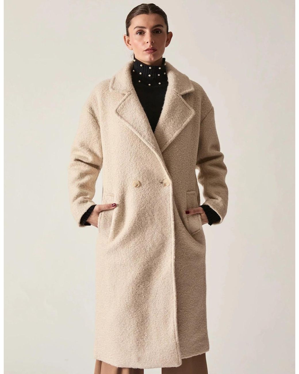 James Lakeland Natural Cream Textured Double-Breasted Long Coat