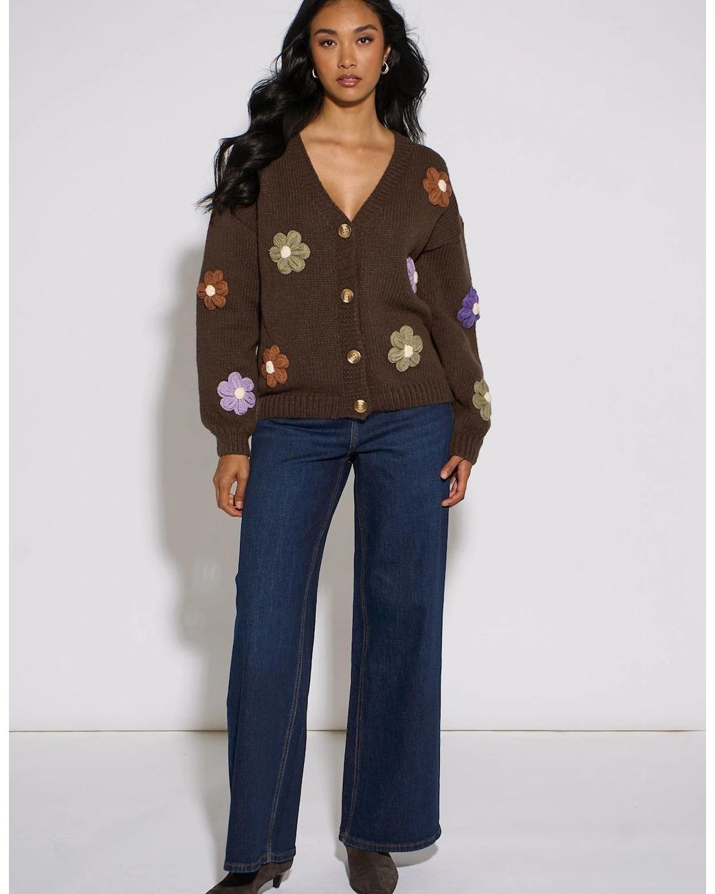 Gini London Brown 3D Floral Sleeves Knit Cardigan