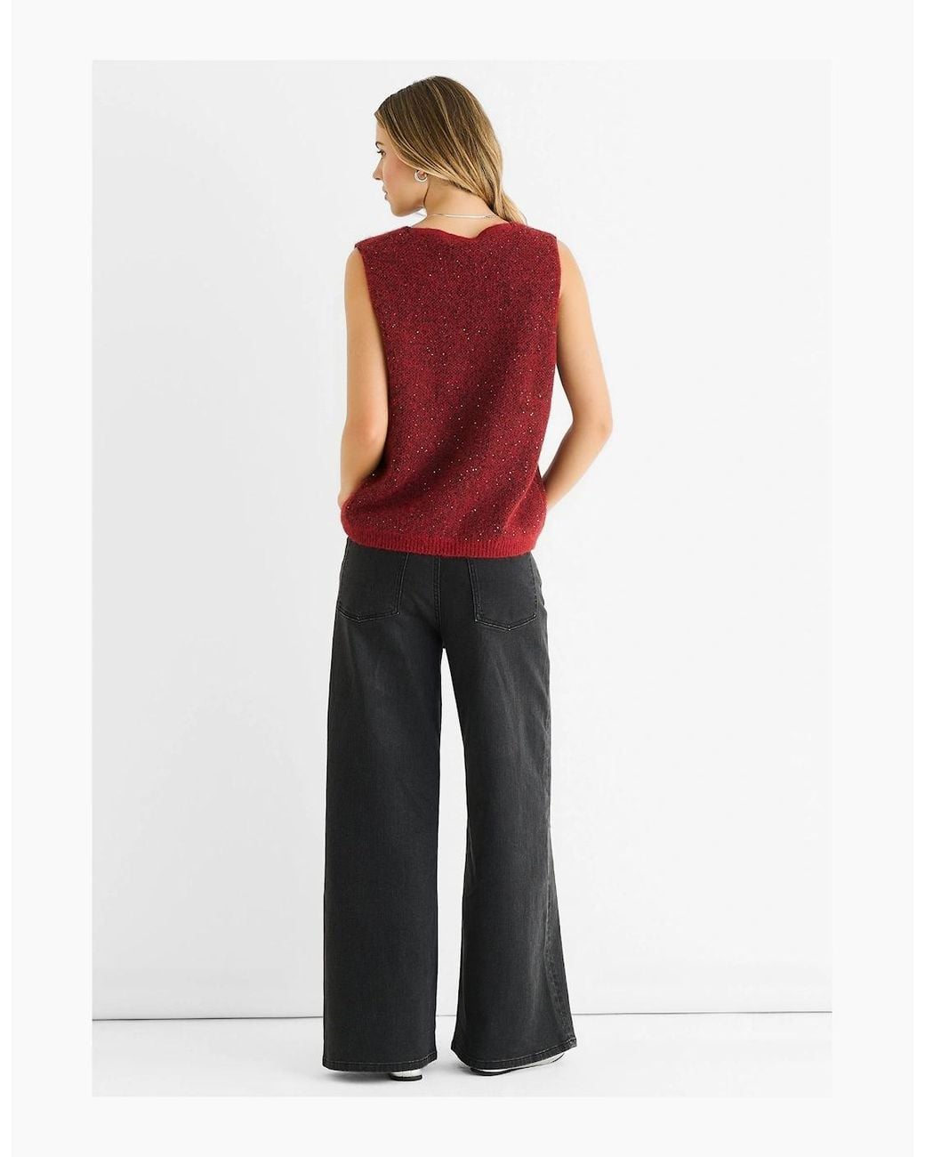 Gini London Red Sequin Sparkle V Neck Vest Knit Jumper