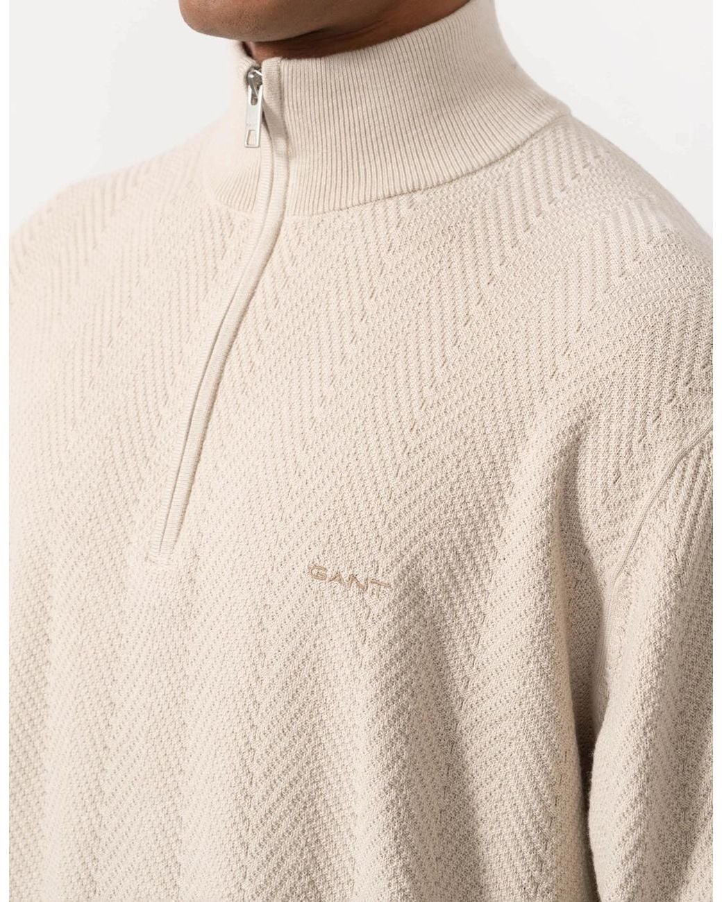 Gant Natural Herringbone Texture Half Zip Sweater for men