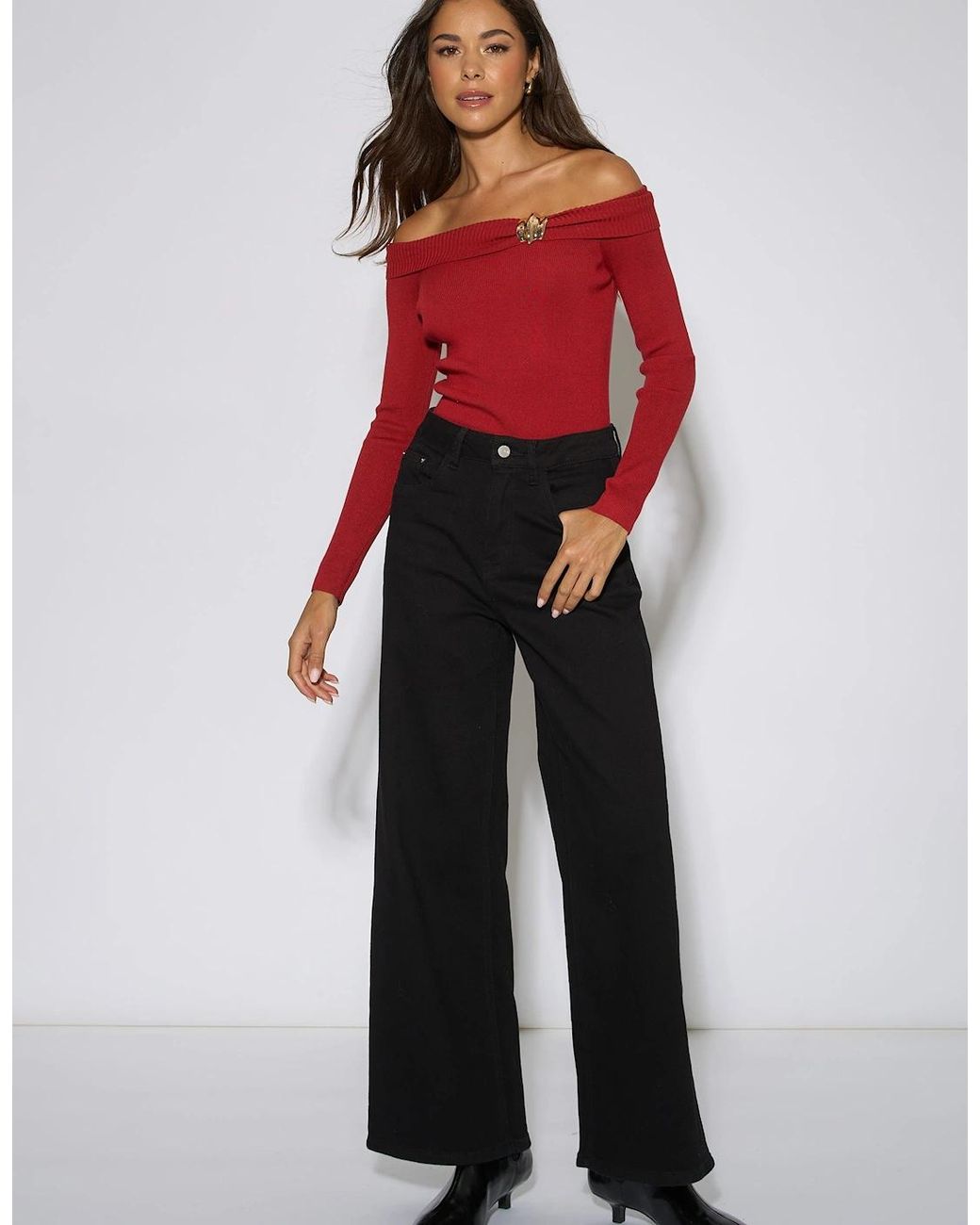 Gini London Red Bardot Button Detail Top