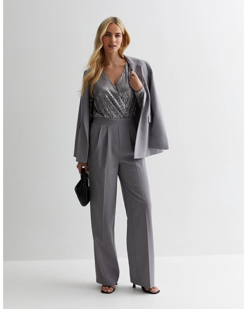 Gini London Gray Gun Metal Sequin Wrap Long Sleeves Bodysuit