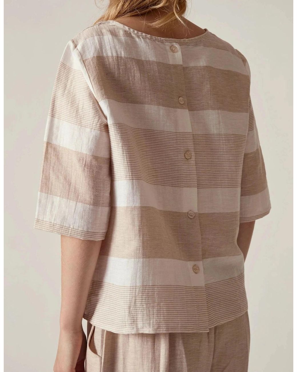 James Lakeland Natural Striped Linen Blend Button-Back Top