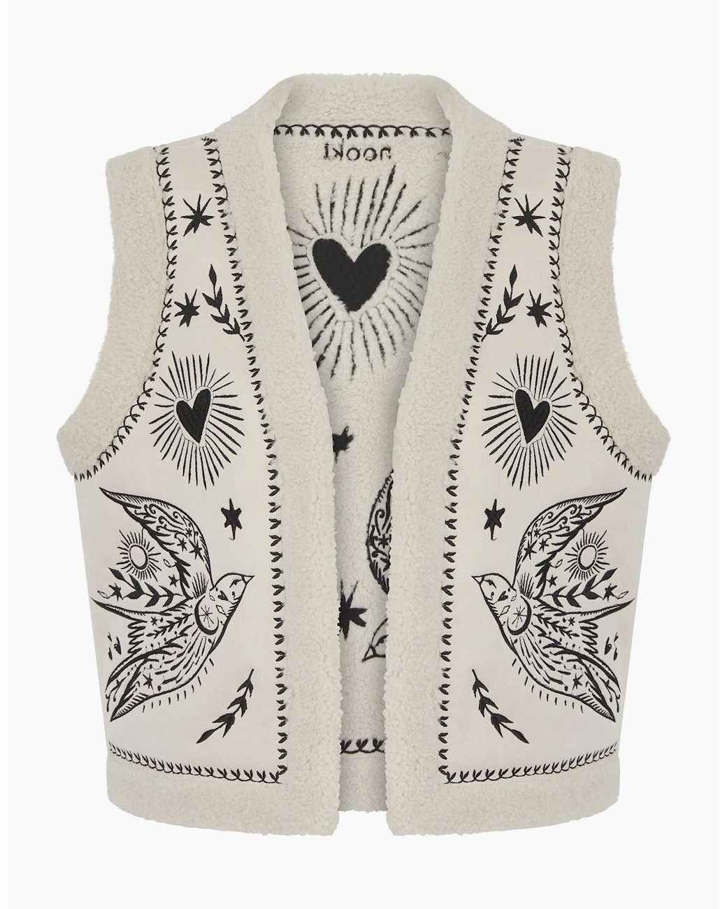 Nooki Design Blue Free Bird Embroidered Faux Shearling Gilet Cream