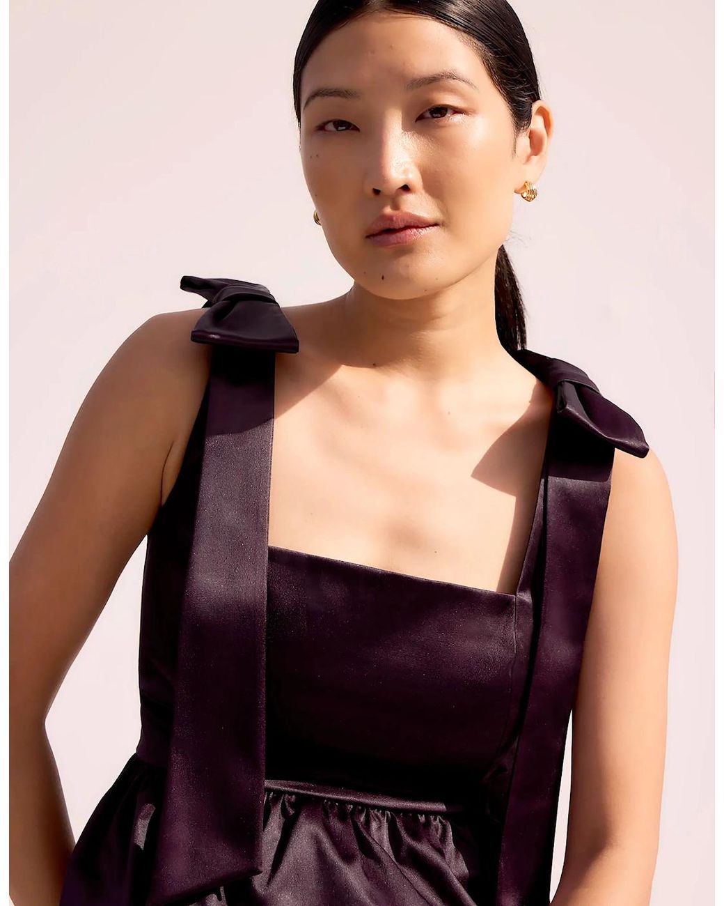 Ro&zo Purple Burgundy Bow-Detail Peplum Satin Top