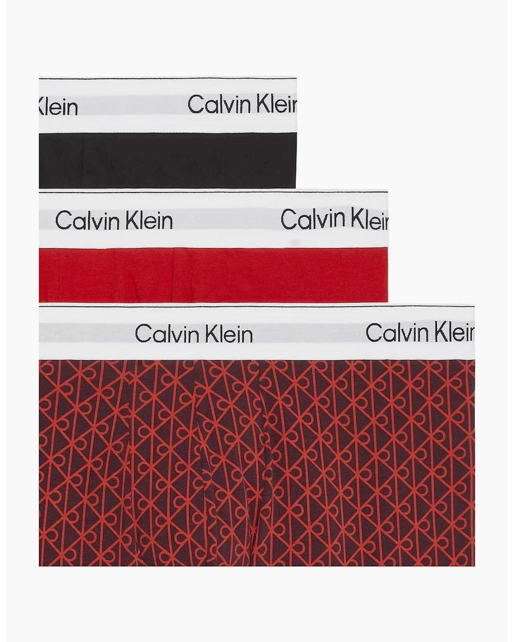 Calvin Klein Red 3-Pack Icon Emblem Print Low-Rise Boxer Trunks, Emblem Dark Berry Adrenaline Rush for men