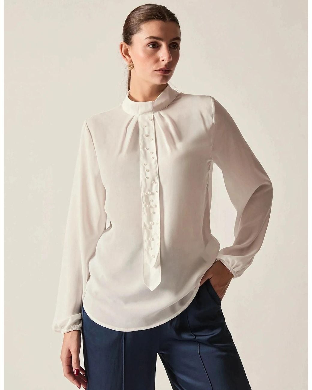 James Lakeland Blue Cream Pearl-Tie Blouse