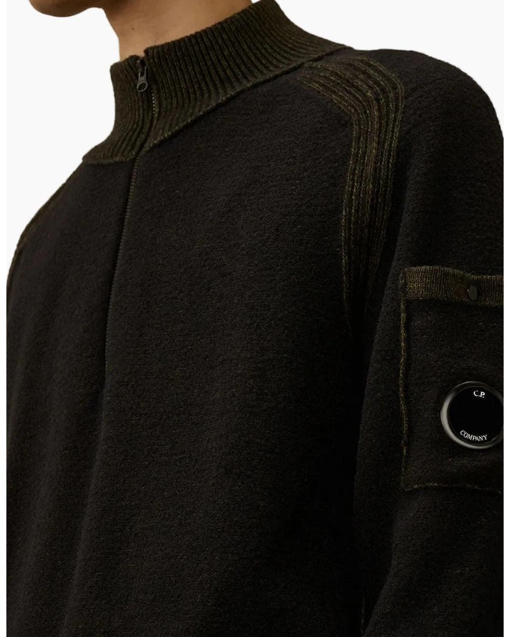 C P Company Black Polo Collar Quarter Zip Lens Fleece Knit for men