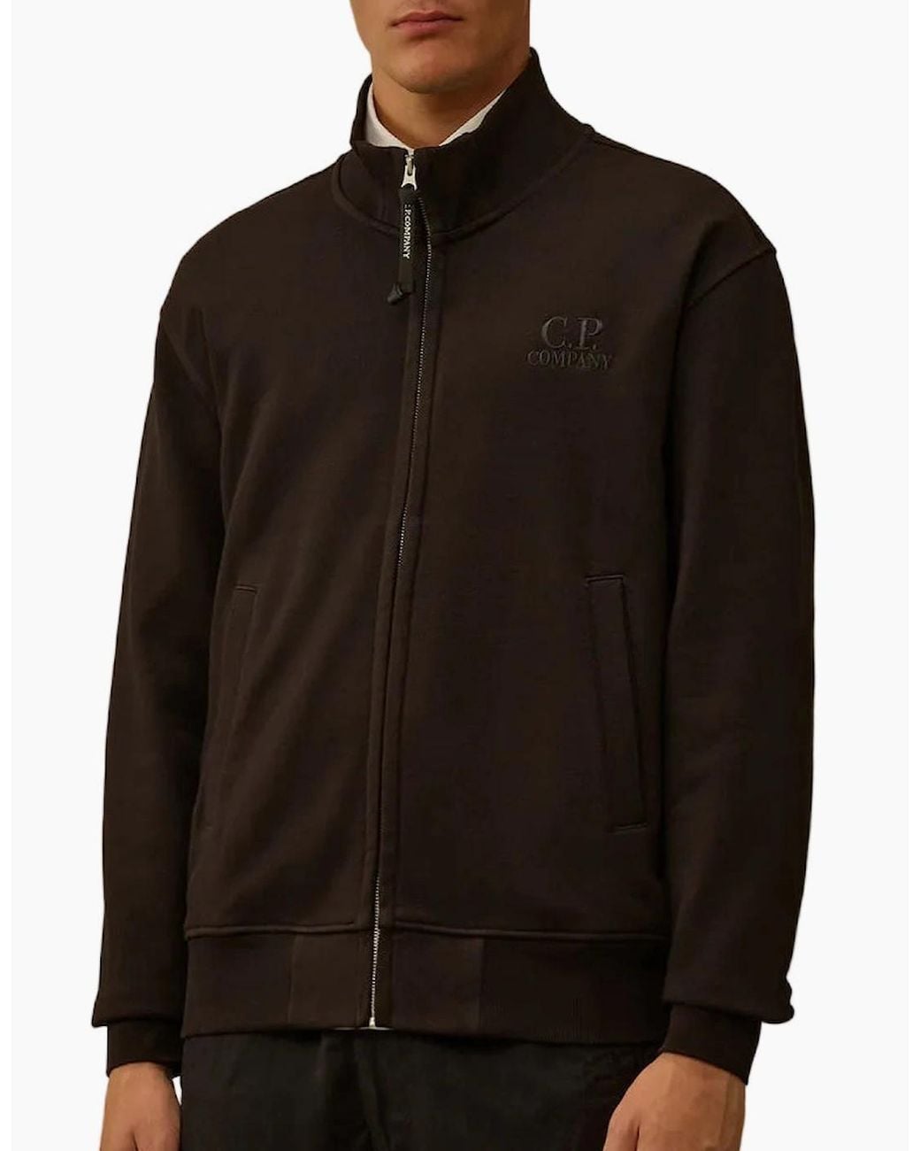 C P Company Black Diagonal Fleece Zip Logo Sweatshirt for men