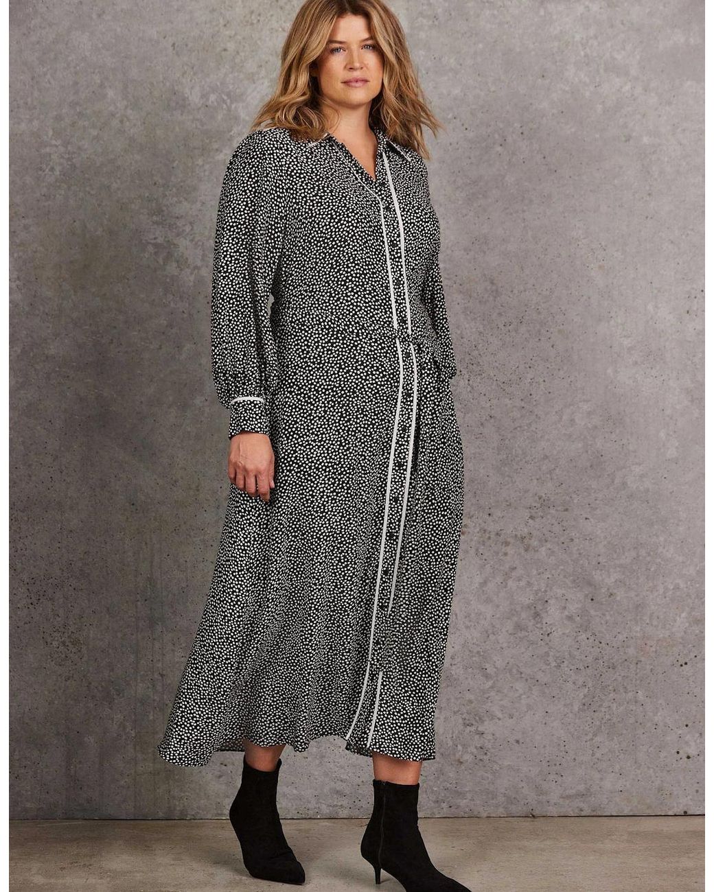 Live Unlimited London Gray Spot Print Maxi Shirt Dress