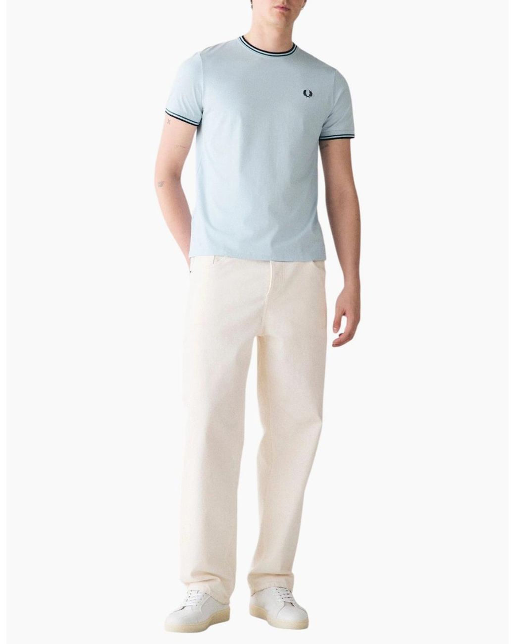 Fred Perry Blue Twin Tipped T Shirt Crew Neck Short Sleeve Summer Tee for men
