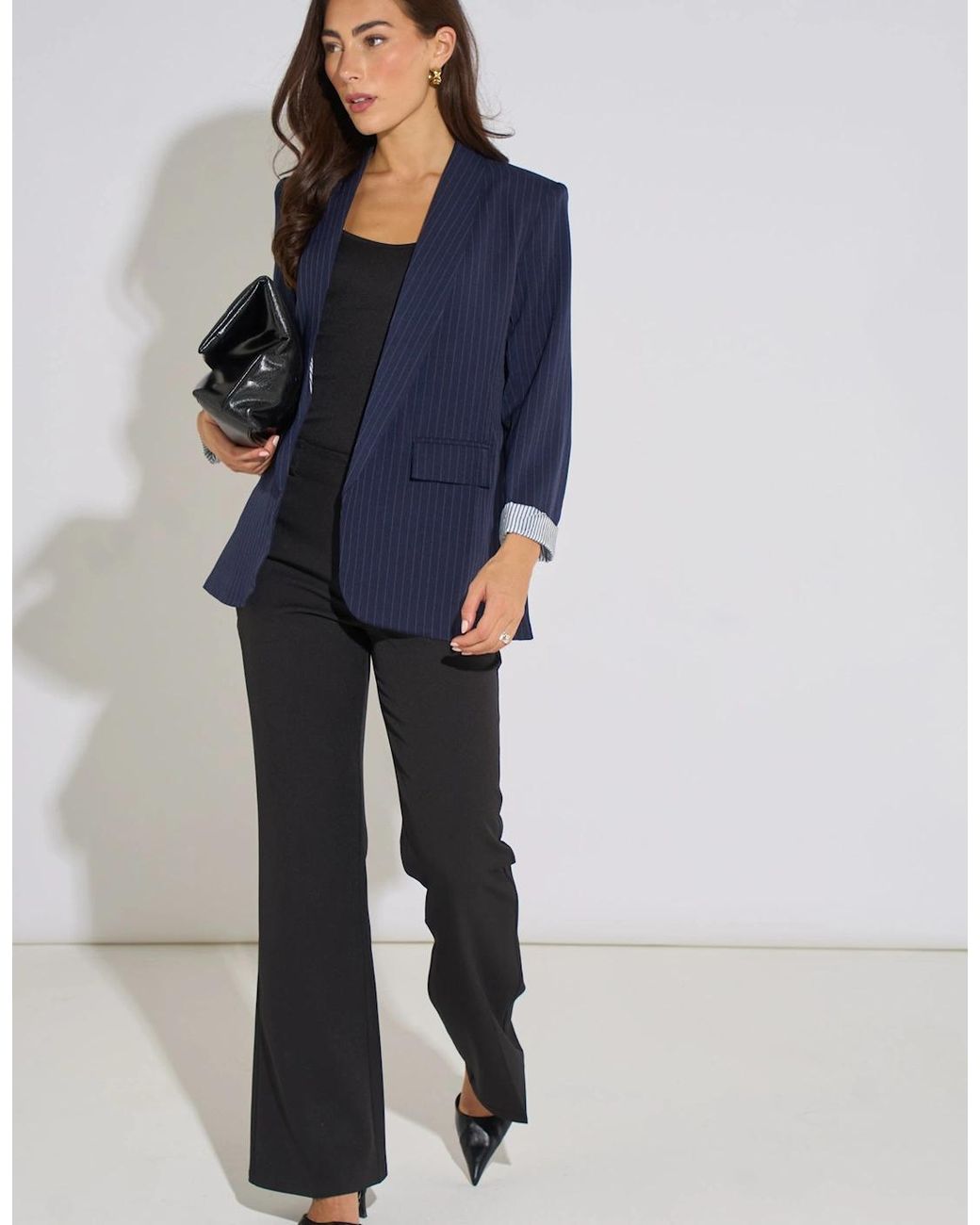 Gini London Blue Stripe Contrast Sleeve Edge To Edge Blazer