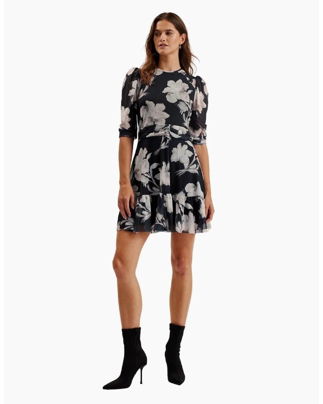 Ted Baker Black Carmel Gathered Shoulder Mesh Mini Dress