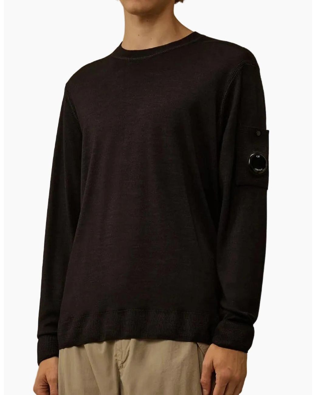 C P Company Black Merino Wool Crewneck Lens Knit for men