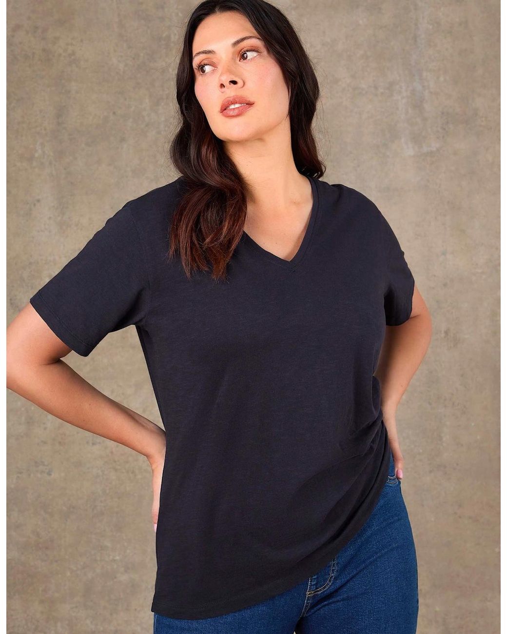 Live Unlimited London Blue Cotton Slub V Neck T-Shirt