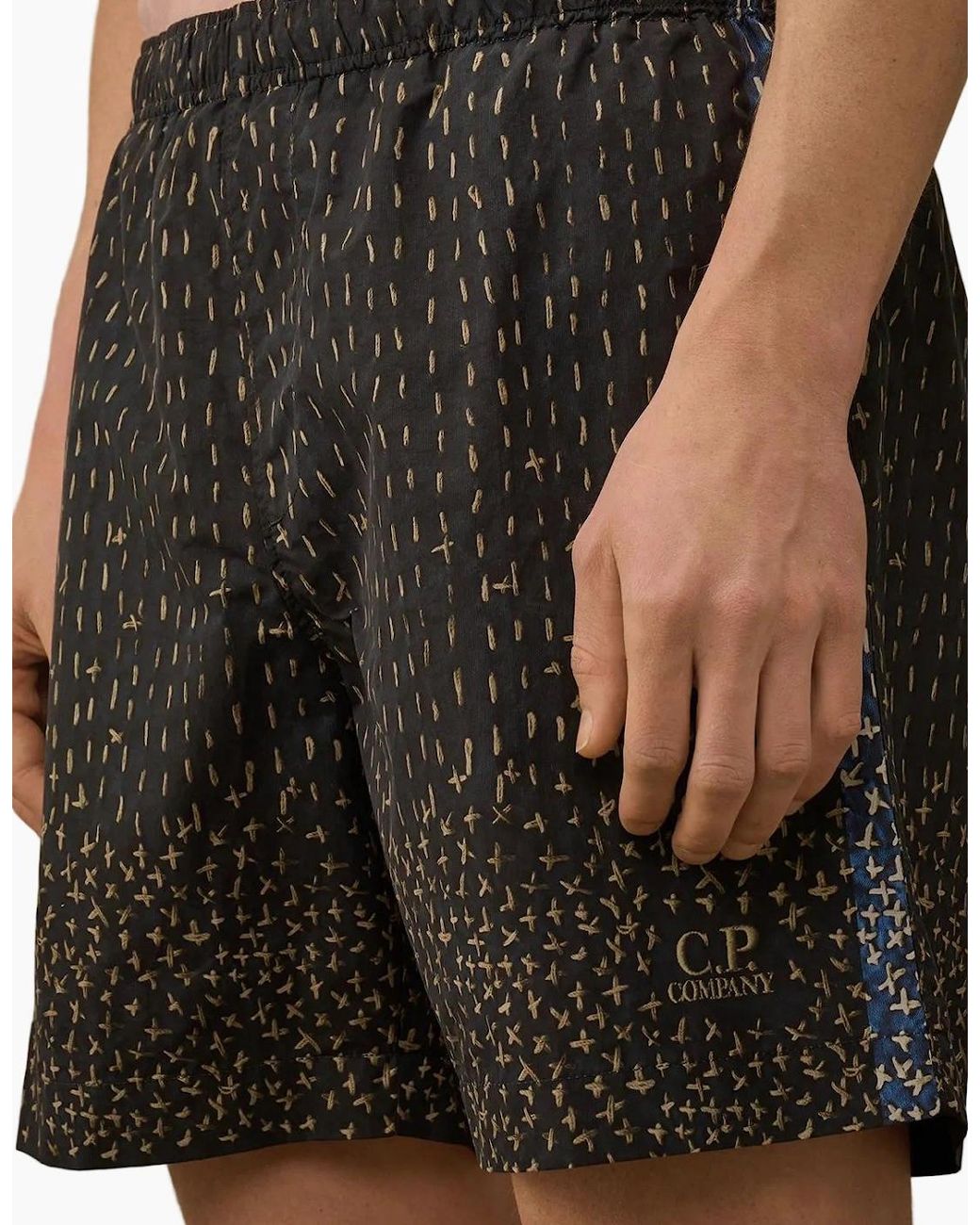 C P Company Black Flatt Nylon Sashiko Print Swim Shorts for men