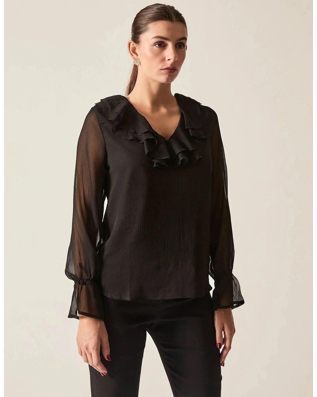James Lakeland Black Sheer-Sleeve Ruffle Blouse